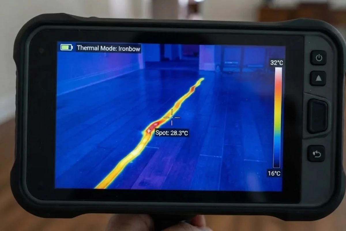 Thermal imaging screen showing the warm path of a hidden hot-water leak