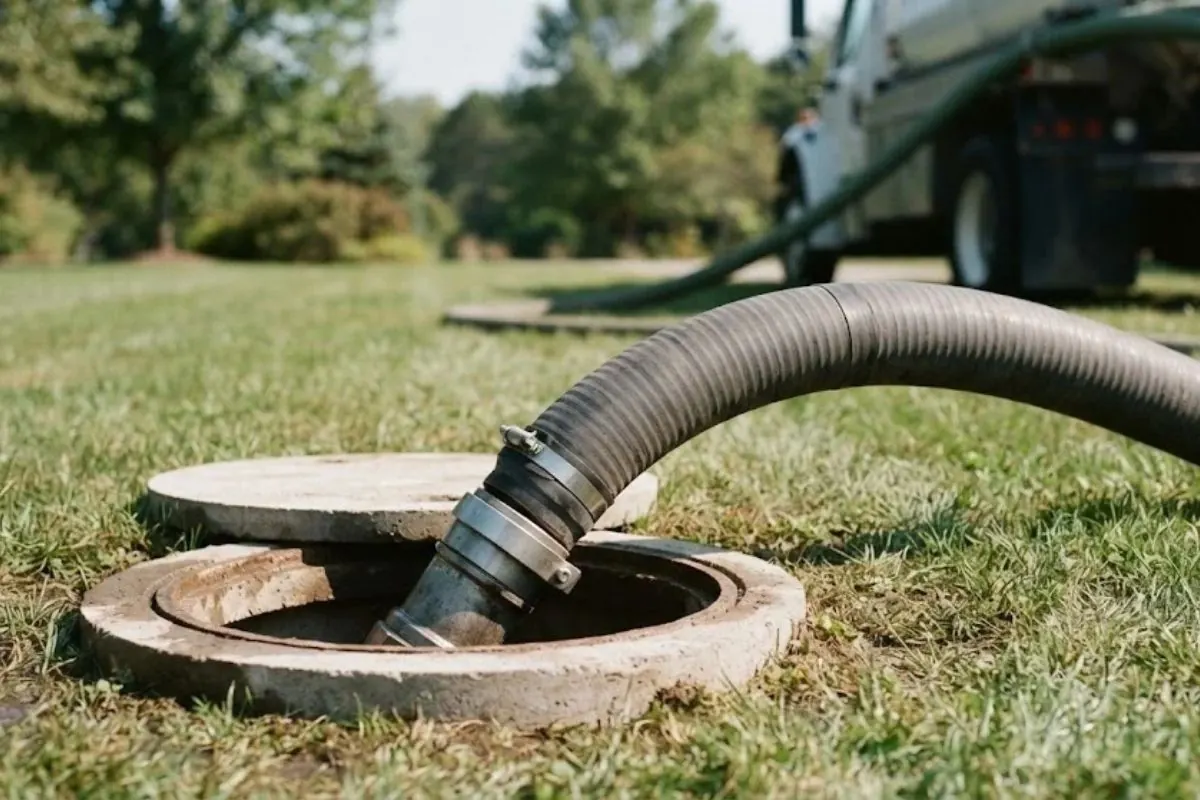 Septic tank pumping hose connected to a tank opening