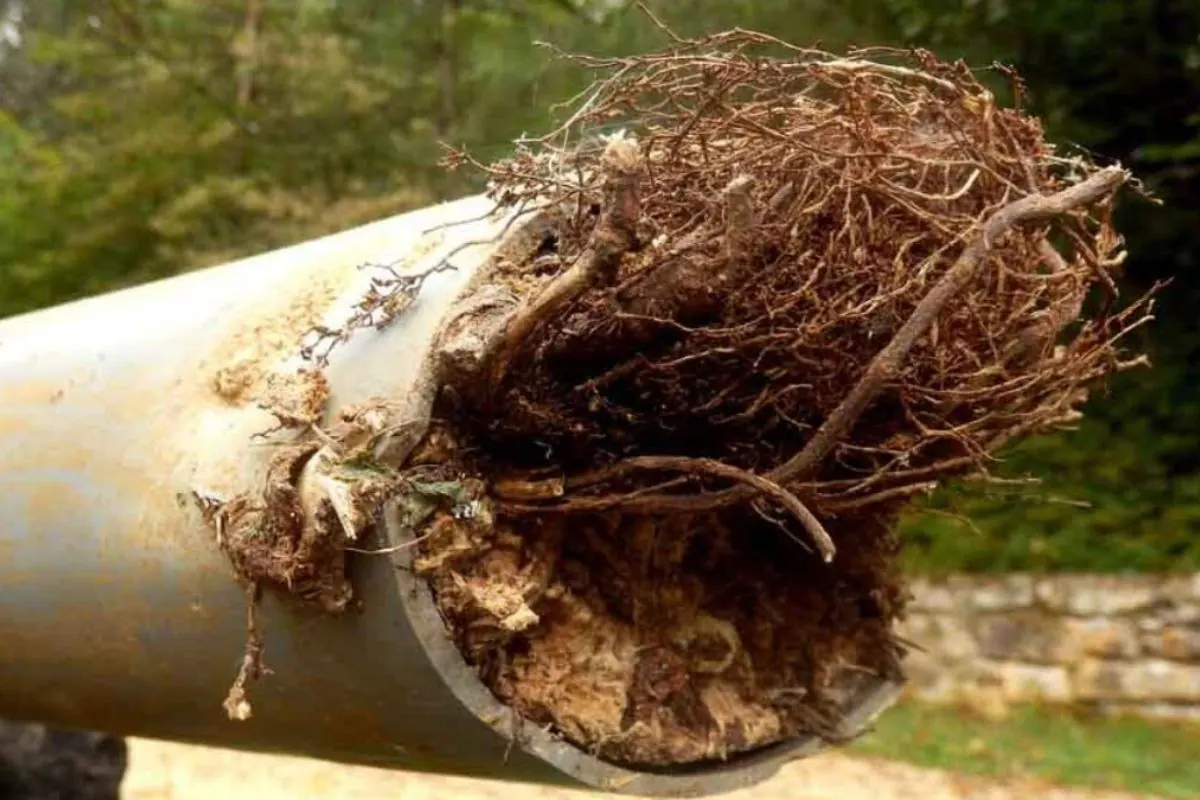 Clay sewer pipe with tree roots growing through a cracked joint