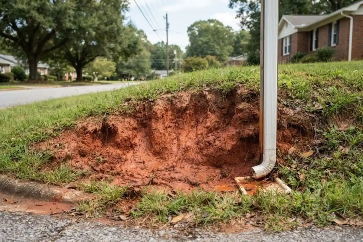 Red Piedmont clay soil bank in Archdale, NC, the heavy clay that stresses sewer lines