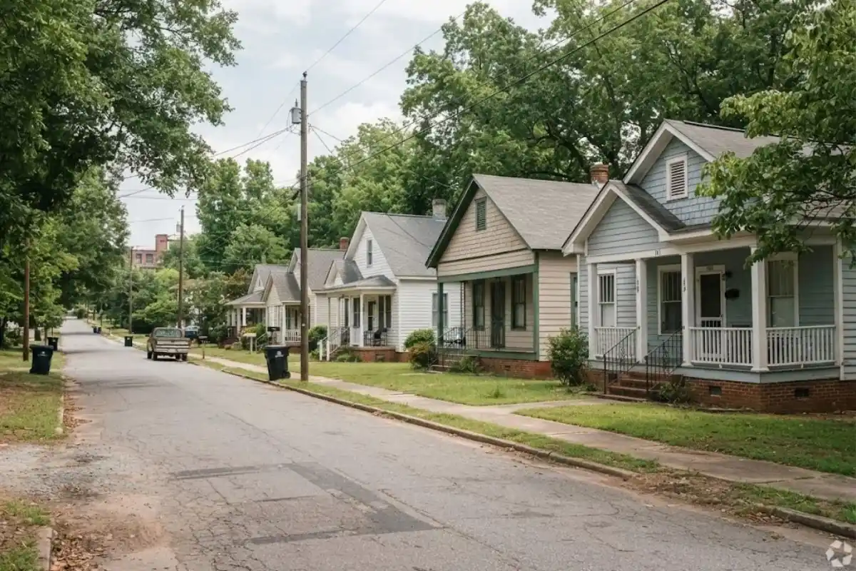 Older mill-village houses on a street in Jamestown, NC