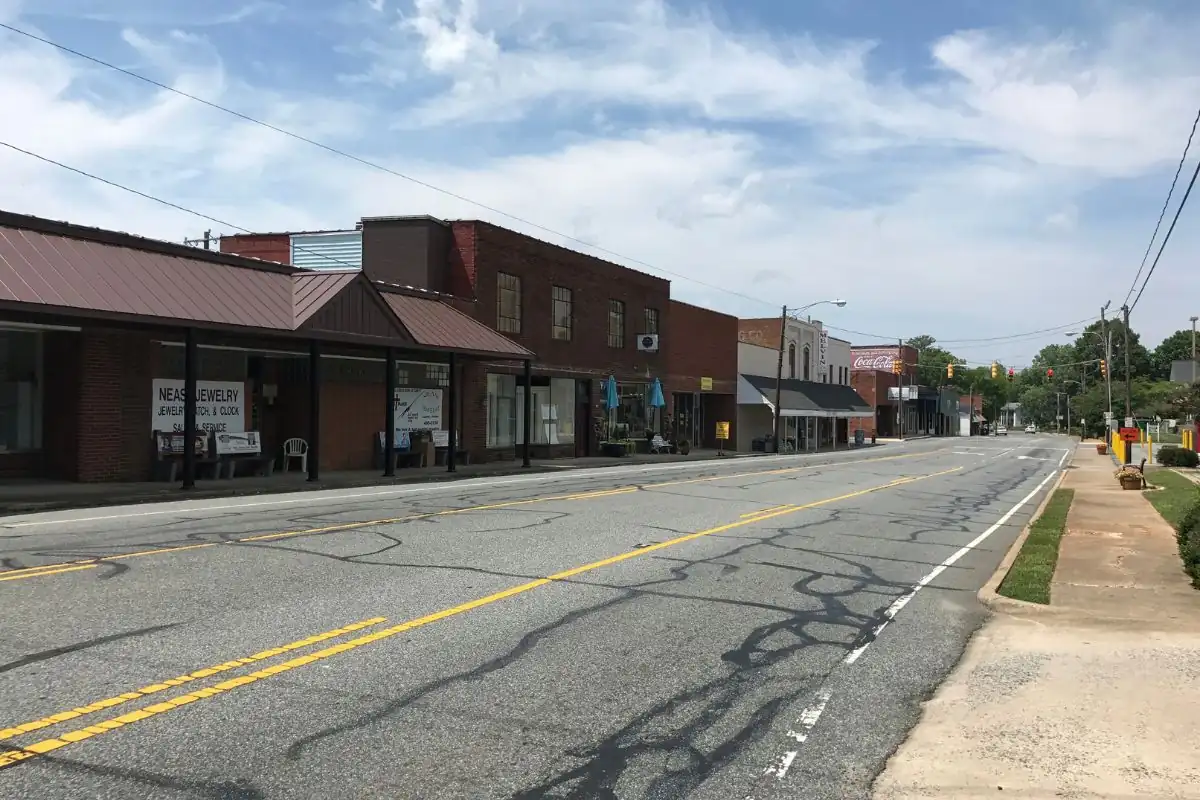 Brick storefronts along a main street in Randleman, NC